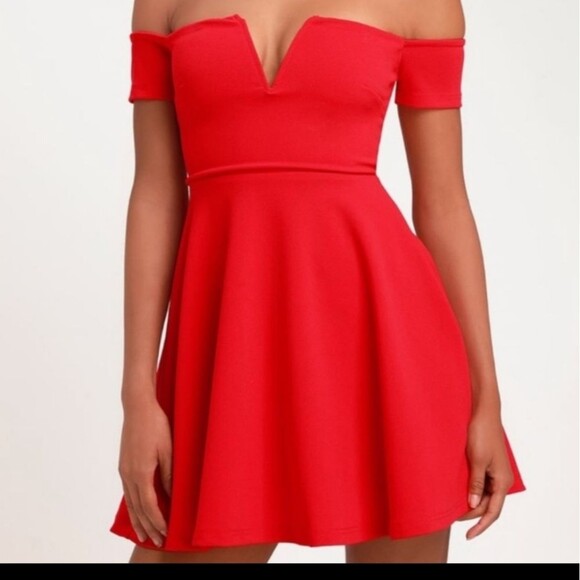 Lulu's Play the Party Red Off-the-Shoulder Skater Dress - Picture 1 of 8